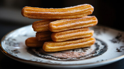 Delicious churros stacked elegantly on decorative plate, inviting sweetness