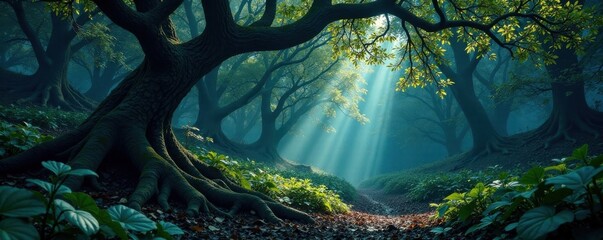 Obraz premium Dark forest with twisted tree branches and exotic leaves, twisted trees, eerie landscape, exotic leaves
