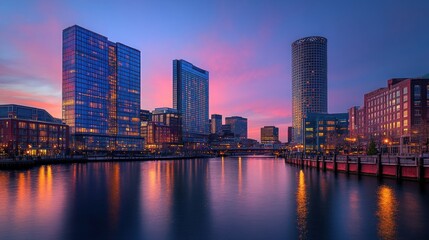 Obraz premium Harbor Lights: A Serene Sunset over the Cityscape of Providence