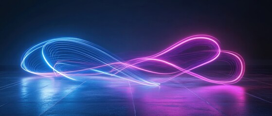 Abstract neon light trails flowing and swirling in a dark space with reflective floor Futuristic, vibrant, and dynamic energy waves Concept of technology, innovation, and digital art