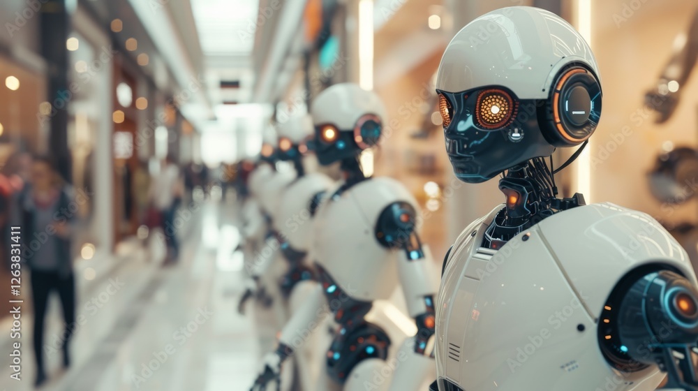 Poster humanoid robots with intricate facial designs and glowing orange details displayed in a futuristic r