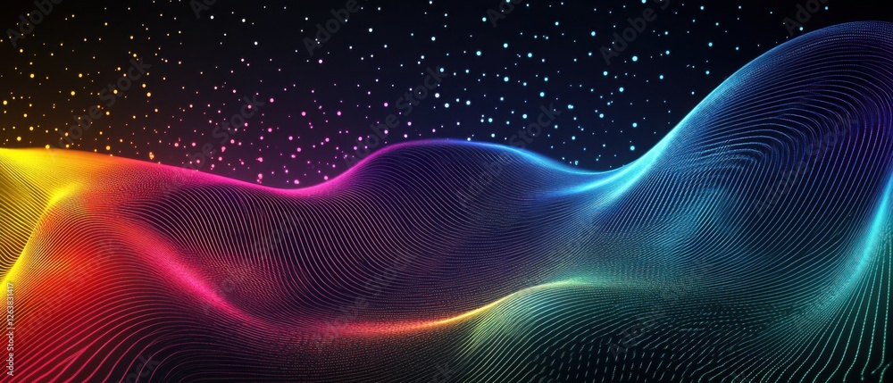 Poster abstract colorful wave lines flowing on black background with glowing particles dynamic vibrant grad