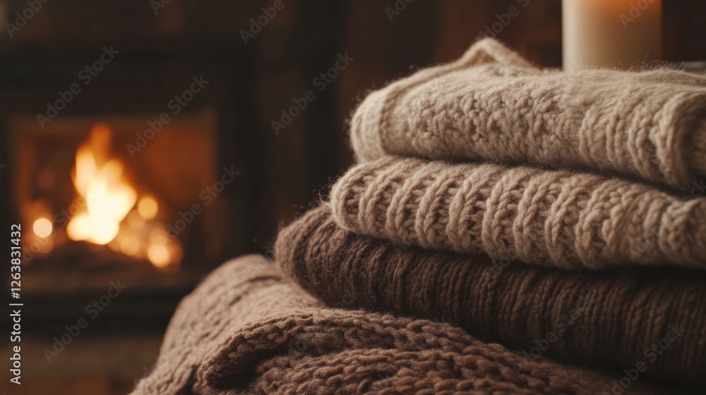 Poster cozy knitted sweaters stacked near a warm fireplace creating a welcoming atmosphere in a rustic cabi