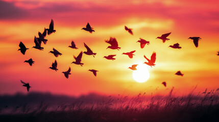 Obraz premium Flock of Birds Silhouetted Against a Fiery Sunset: Hopeful Flight