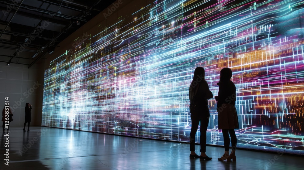 Poster two people observe a mesmerizing digital art wall with vibrant, streaking light trails symbolizing d