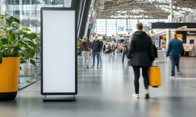 Fototapeta premium A blank mockup template stands in a bustling indoor area, surrounded by people engaging in various activities while modern architectural features create an inviting atmosphere