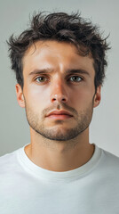 Obraz premium Serious Man Portrait, Intense Gaze, White T-shirt, Indoor