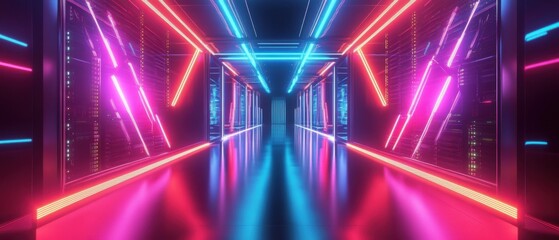 Futuristic server room corridor with vibrant neon lights, reflecting on the glossy floor Modern data center interior with glowing pink and blue neon illumination, showcasing advanced technology and ne