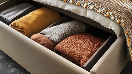 A sleek under-bed storage drawer system for organizing clothes.