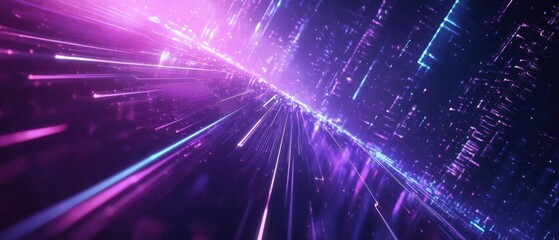 Obraz premium Futuristic cityscape with neon lights and fastmoving streaks of light Abstract digital city with glowing purple and blue lines, representing technology, speed, and innovation
