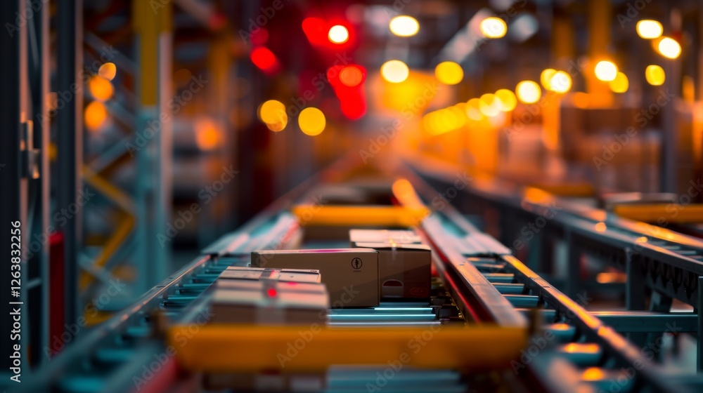 Poster a vibrant image of an automated conveyor belt system sorting packages in a glowing warehouse. perfec