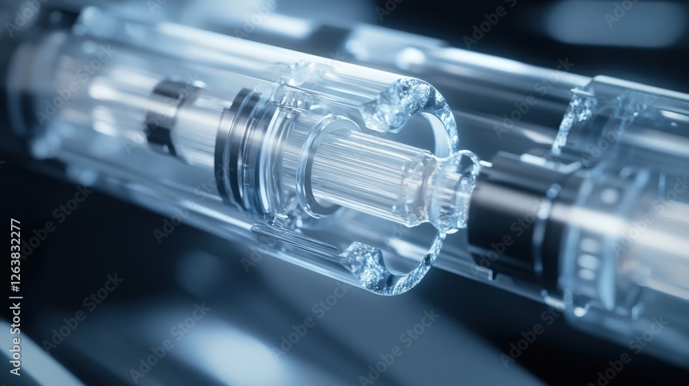 Poster a detailed inspection view of an individual fiberoptic connector emphasizing the precise alignment o