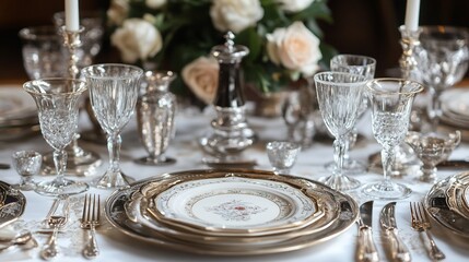 Elegant Crystal and Silver Table Setting with Floral Accents
