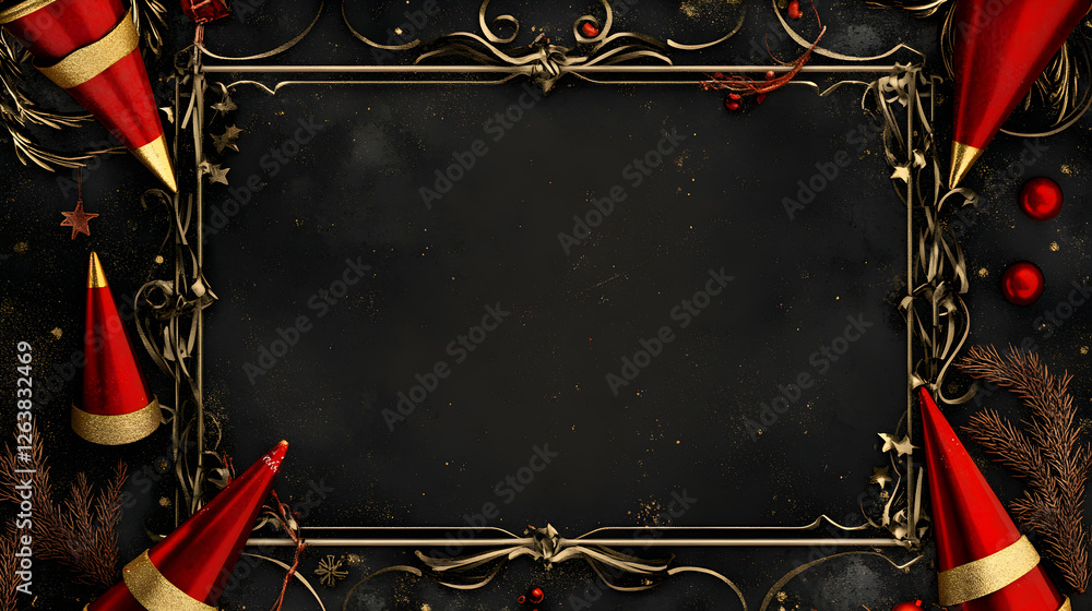 Poster rectangular frame bordered with festive party hats and golden horns