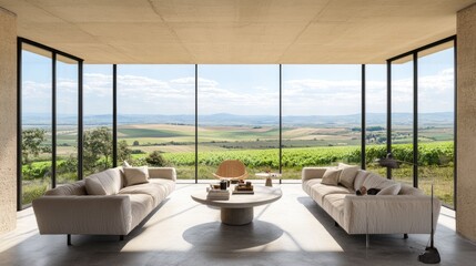 Fototapeta premium A stunning living space with floor-to-ceiling windows and nature views.