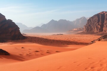 Naklejka premium Expansive desert landscape showcasing orange sand dunes and distant mountains at midday in a tranquil environment. Generative AI
