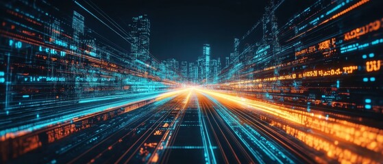 Futuristic cityscape with data stream and light trails Digital city with binary code and fast movement, concept of technology, internet, and communication