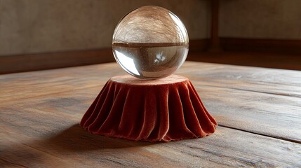 Fototapeta premium Transparent crystal ball resting on a velvet pedestal in a serene indoor setting