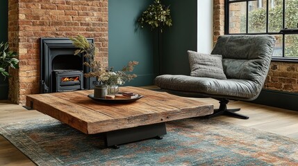 A stylish living room with a coffee table made of repurposed wood.