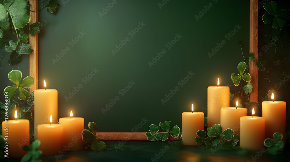 Poster rectangular frame bordered with glowing candles and clover accents