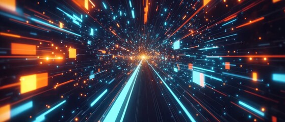 Fototapeta premium Futuristic hyperspace tunnel with glowing neon lights and fast motion blur Abstract digital background with blue and orange streaks of light, data stream, and particles Concept of speed, technology, c
