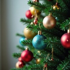 Decorated Christmas tree with colorful ornaments hanging from branches, Tinsel, Snowflake Ornaments