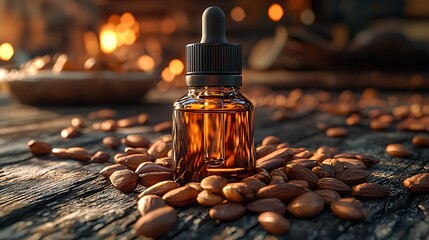 Almond oil bottle on wooden surface, sunset background; skincare, beauty
