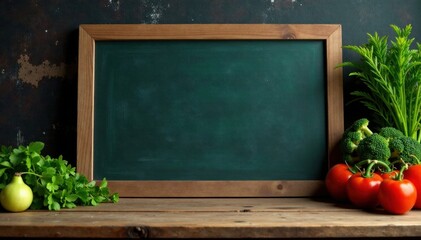 Chalkboard menu with wooden table and fresh ingredients, kitchen, home cooking, menu board