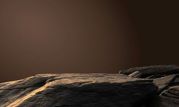 Rock podium, Stone stand display advertising product, Production show with studio dark light wall room background well free space for text promotion, Cliff rock stone stage, Clipping path