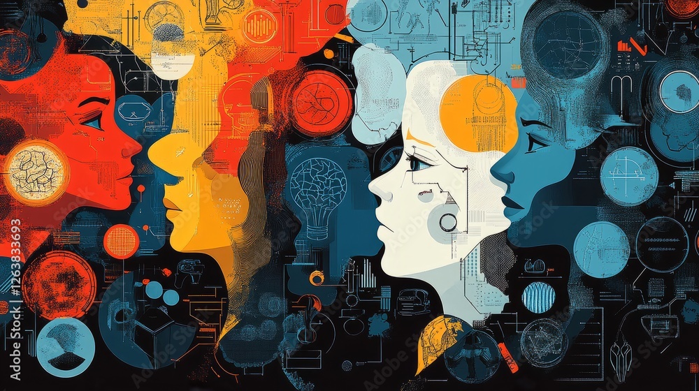 Poster abstract digital art depicting three profile faces interwoven with technological elements, data stre
