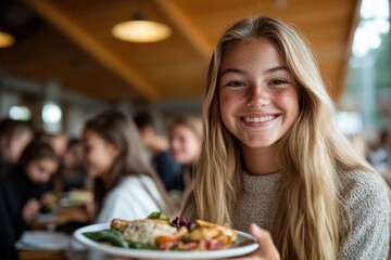 Students gather in a bright cafeteria during National School Breakfast Week, sharing smiles and nutritious meals. A girl proudly holds her delicious plate of food, promoting healthy eating