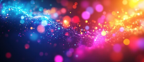 Vibrant abstract background with colorful bokeh lights and flowing particles Dynamic energy flow, festive celebration, or digital art concept Perfect for overlay, backdrop, or wallpaper