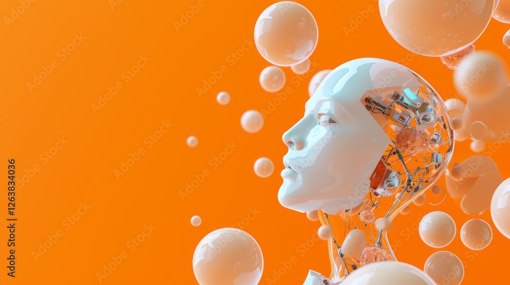 Poster a futuristic robot head with exposed mechanical parts and floating abstract elements set against an 