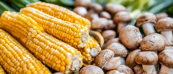 Fototapeta premium Fresh corn and mushrooms, market, close-up