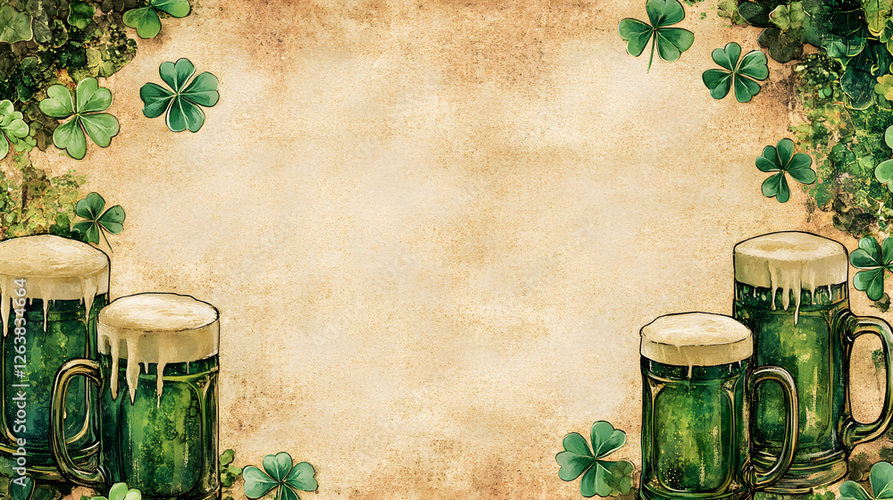 Poster rectangular frame bordered with green beer mugs and four-leaf clovers