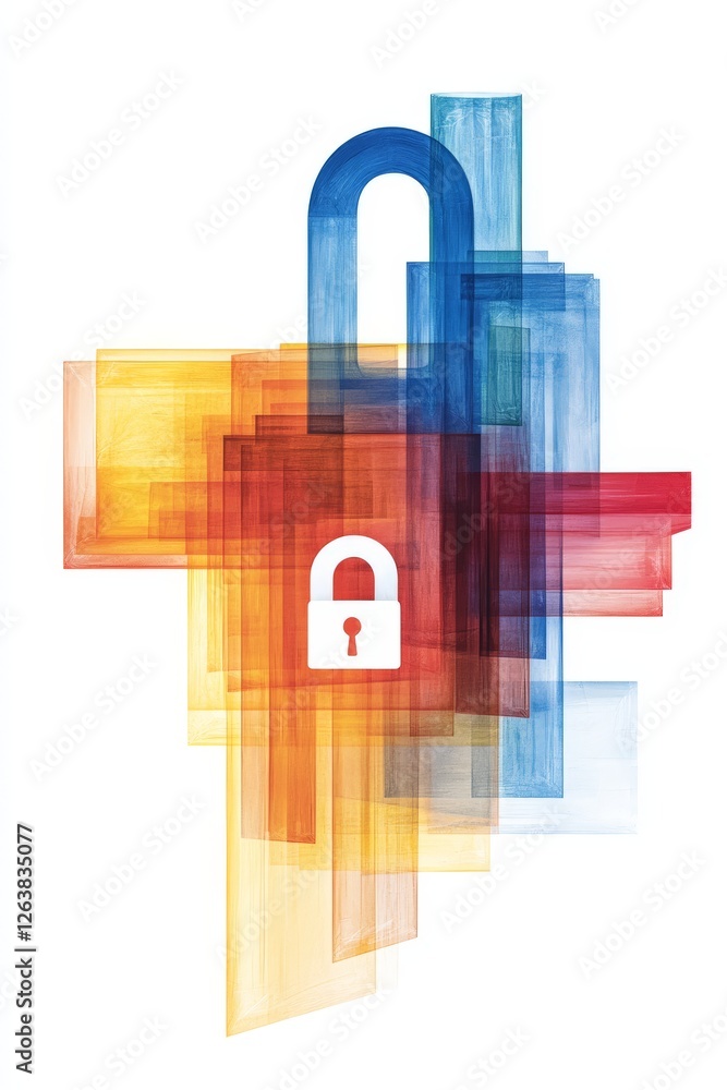 Poster abstract futuristic padlock with digital glitch effects representing cybersecurity, encrypted data p