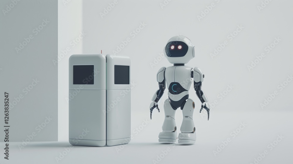 Poster a small, adorable robot with glowing eyes interacts with a minimalist device, standing in a clean an