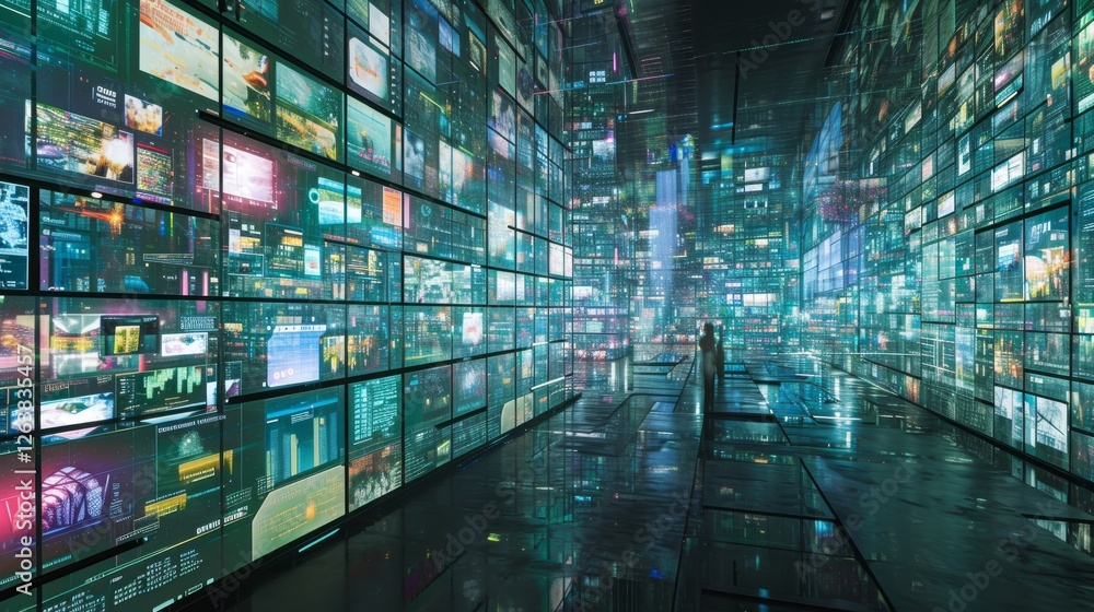 Poster expansive digital wall showcasing endless data displays in a futuristic environment, filled with glo