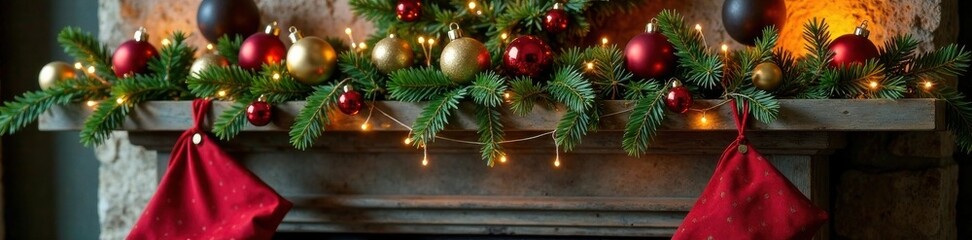 Obraz premium Christmas ornaments and garland on a rustic mantel , decor, home, festive