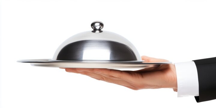Waiter serves a polished silver platter with a dome cover at a fine dining restaurant during a special event