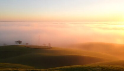 Obraz premium Serene sunrise fog over green hills in a panoramic nature landscape