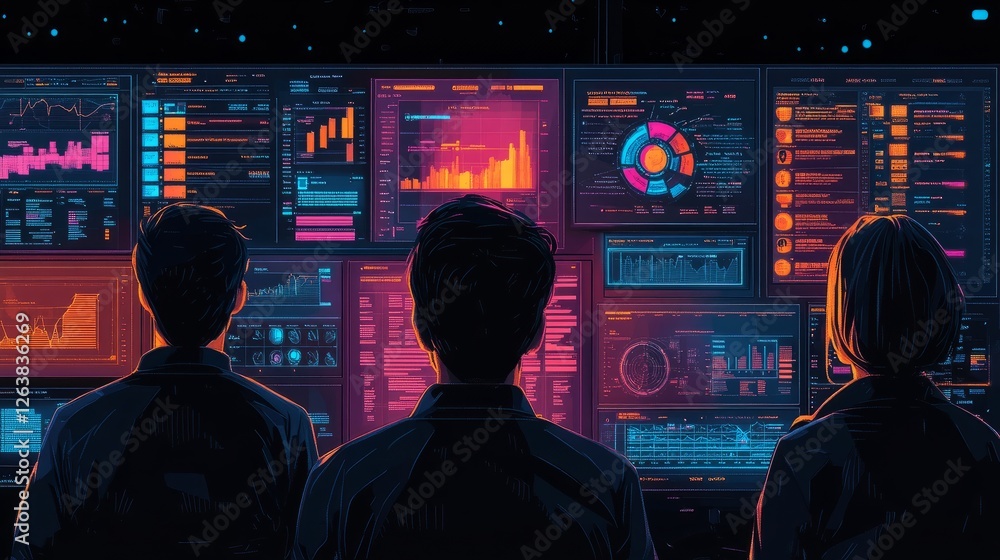 Poster three individuals analyze data on numerous glowing screens displaying charts and graphs in a dark ro