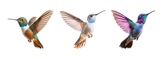 Obraz premium Vibrant Hummingbirds in Flight on Transparent Background