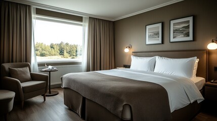 Fototapeta premium Lakeside hotel room, king bed, nature view, calm decor, travel
