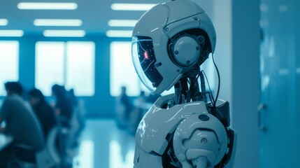 A futuristic humanoid robot in a sleek, modern classroom environment, emphasizing AI technology's role in learning and innovation. AI generated.