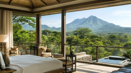 A tranquil bedroom with an open balcony view of mountains and trees.