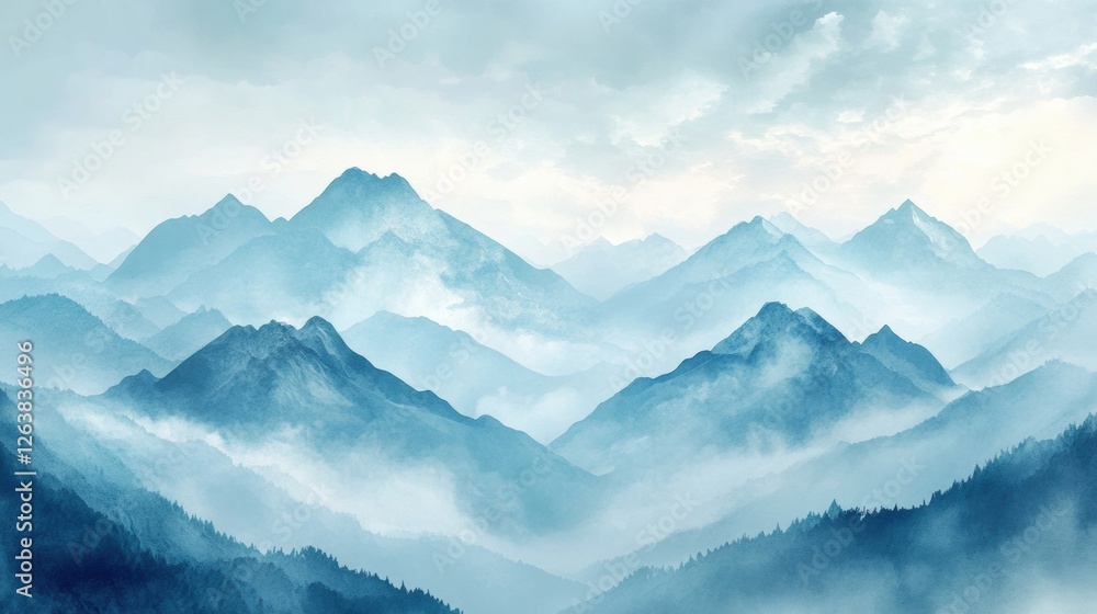 Poster misty mountain landscape with layers of blue peaks and soft clouds at dawn. generative ai