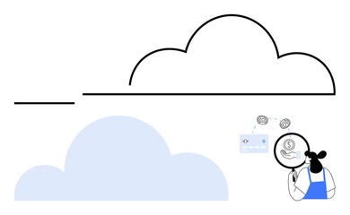 Person using magnifying glass to analyze financial data within cloud environment. Ideal for cloud computing, financial analysis, technology solutions, data security, innovation, digital