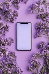 Smartphone surrounded by purple flowers on a pastel background during daytime