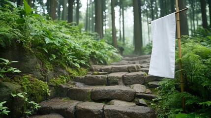 Stone path, forest, blank banner, misty scene, tranquility, travel
